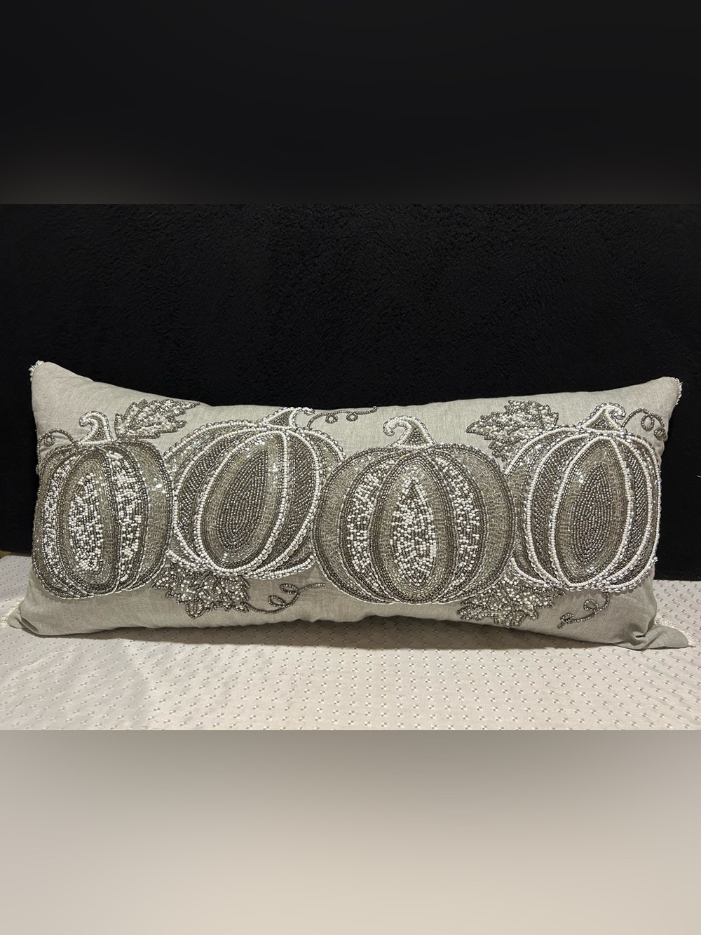 Harvest Moon Beaded Silver Pumpkin Lumbar Pillow Fall Thanksgiving Decor 29 x 13